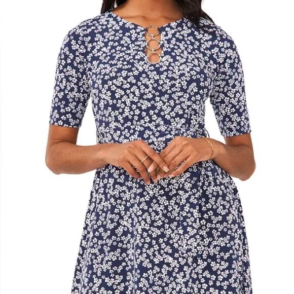 MSK Plus Size Printed Ring Short-Sleeve Midi Dress Navy White Women’s Sz 1X - Picture 2 of 11